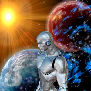 Robot in outer space staring at the sun and planets.