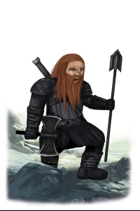 Dwarf male with spear and axe. Art concept from The Fellowship Of The King book by Lynne Collier.