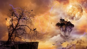 Fantasy world with floating island, tree and house in the sky