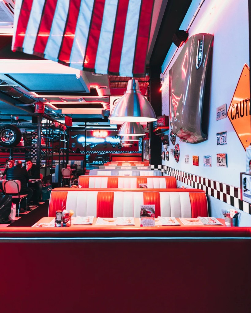 Inside a Wimpy's diner fashioned after the 1950s.